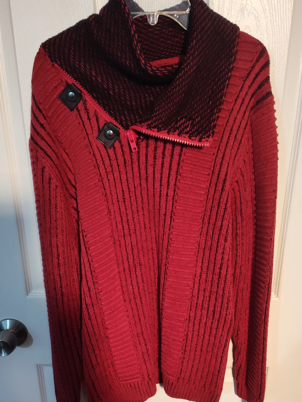 Men's Burgundy Ribbed Cowl-Neck Zip Sweater